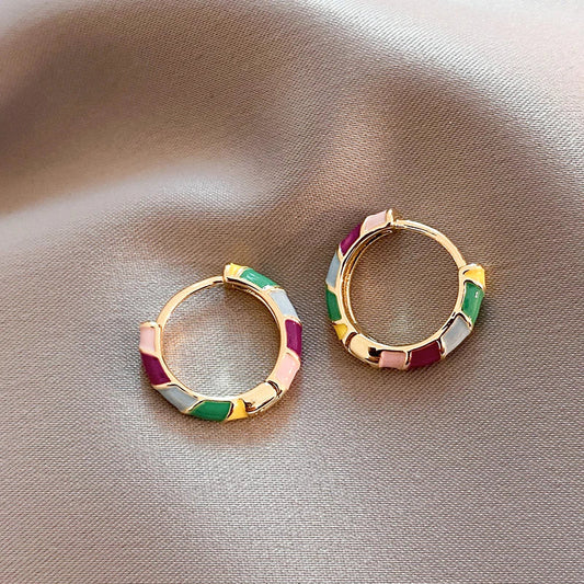 Enamelled Hoop Earrings with a Colourful Patchwork Design