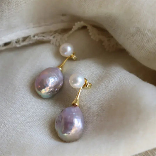 Elegant Baroque Freshwater Pearl Earrings with a Shimmering Lavender Tone