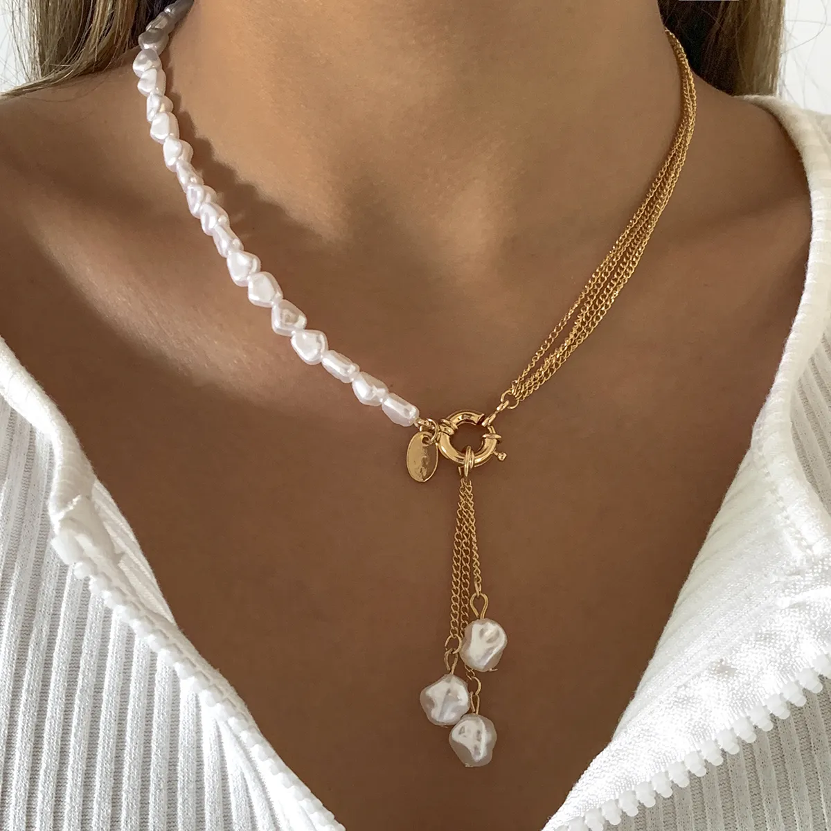 Asymmetric Pearl Necklace with Multi-Strand Chain Drops