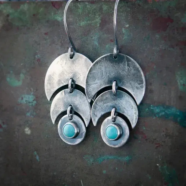 Antique Stepped Crescent Moon Earrings with Radiant Turquoise Details