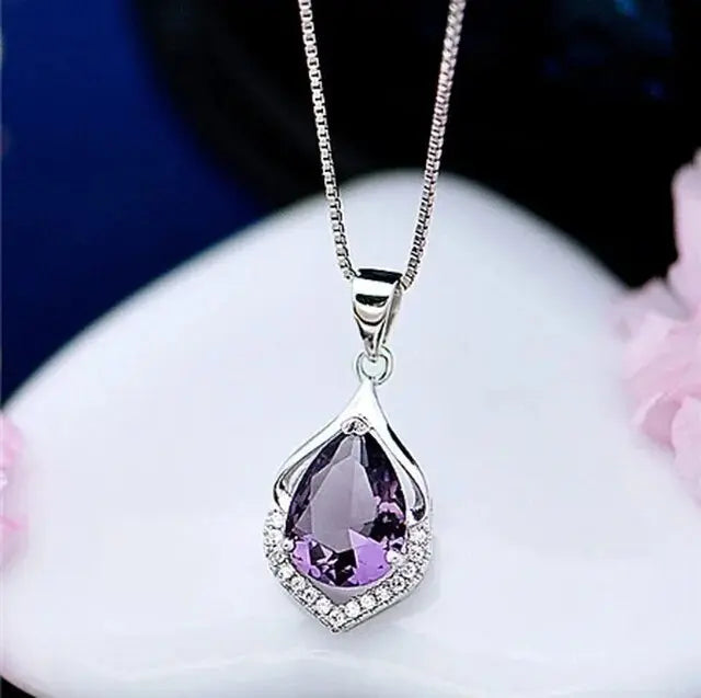 Elegant Necklace with Purple Amethyst Teardrop Pendant and Cubic Zirconia