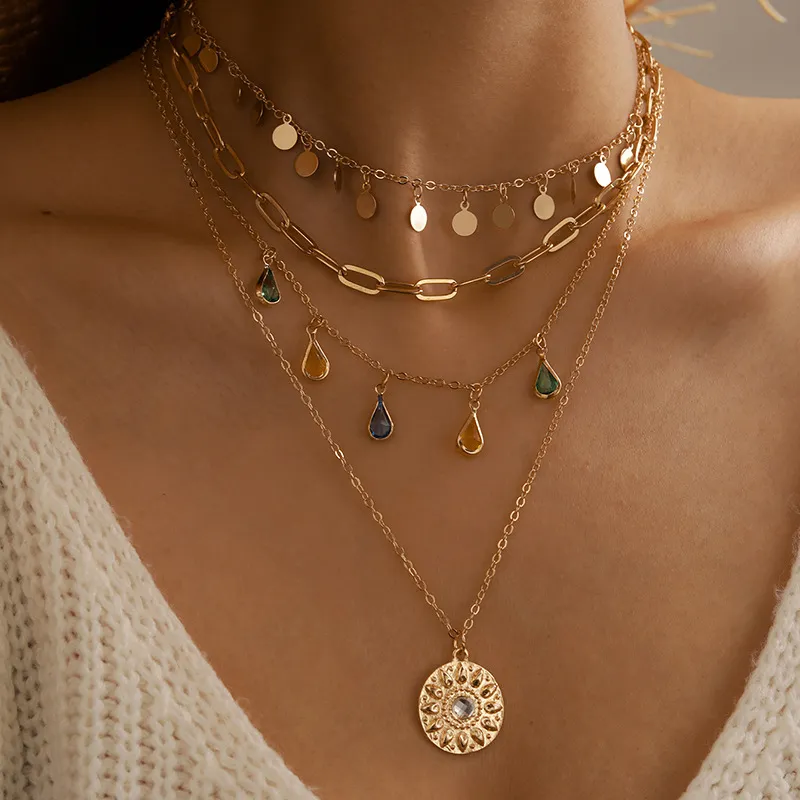 Layered Necklace with Discs, Colorful Drops, and Medallion