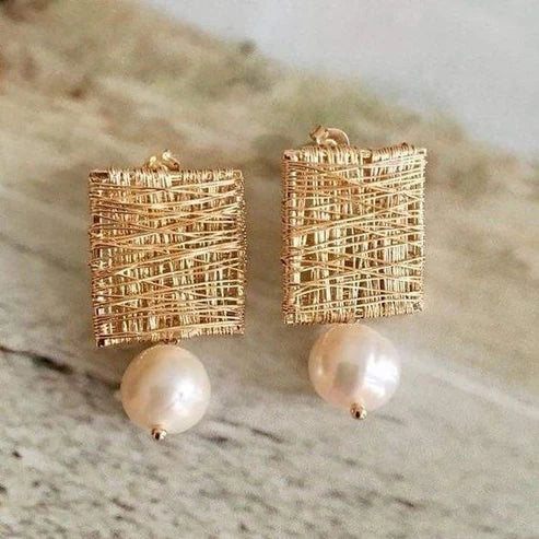 Vintage-Inspired Pearl Dangle Earrings with Basket-Weave Design