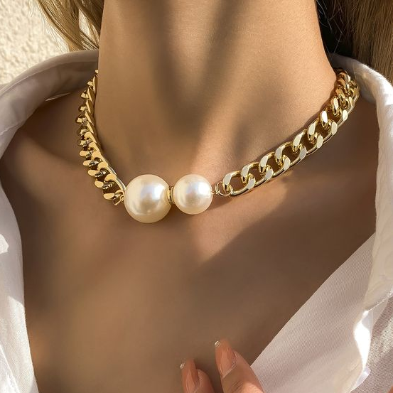 Chunky Link Chain Necklace with Two Large Faux Pearls