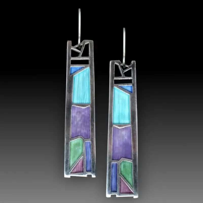 Artistic Rectangular Enamel Earrings with Colorful Details