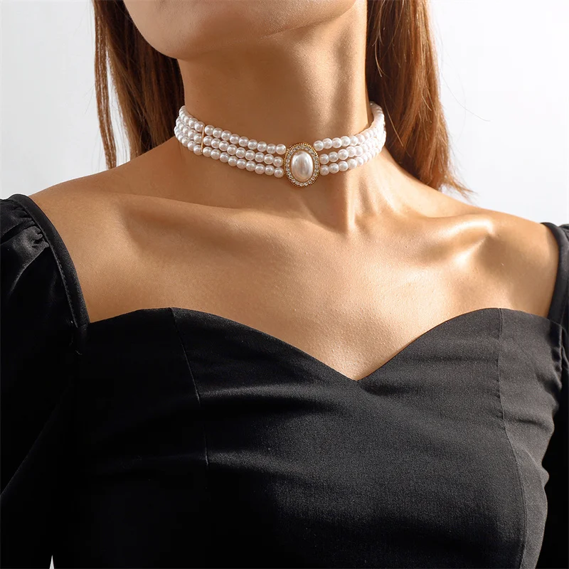 Elegant Three-Row Pearl Choker with Oval Rhinestone Pendant