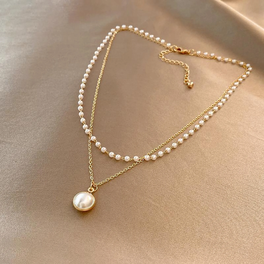 Elegant Double-Layer Pearl Necklace with Delicate Round Pendant
