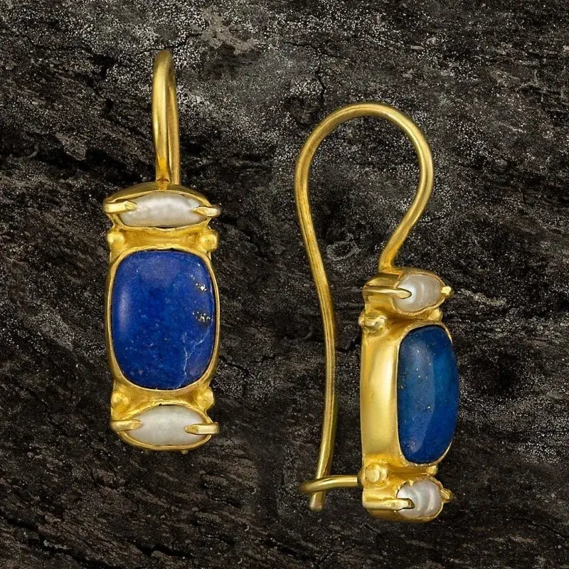 Vintage earrings with sparkling lapis lazuli and freshwater pearls
