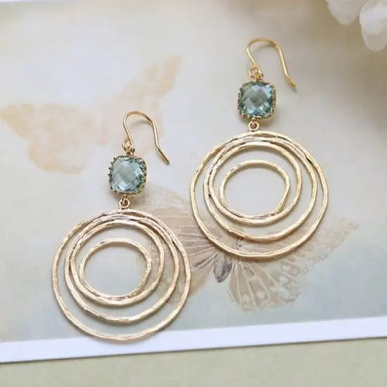 Earrings with mint-green stone and hammered circles