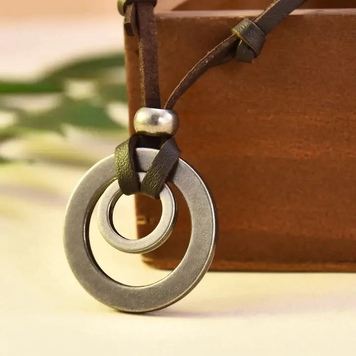 Vintage Men's Leather Necklace with Double-Ring Pendant