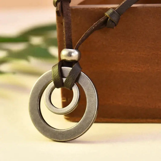 Vintage Men's Leather Necklace with Double-Ring Pendant