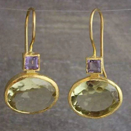 Handmade green glass earrings with a square amethyst detail