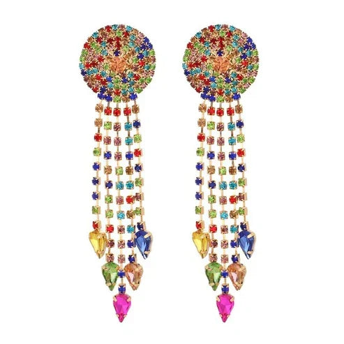 Eye-catching, colourful mandala earrings with long rhinestone fringes