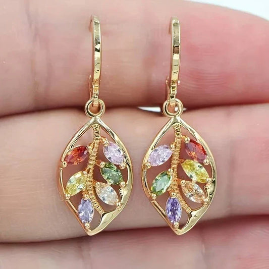 Shiny leaf-shaped earrings with multicoloured cubic zirconia stones