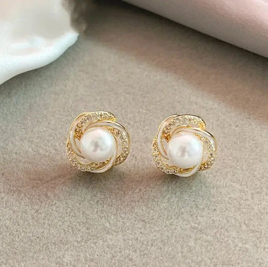 Elegant Pearl Earrings with Rhinestones in Spiral Floral Design