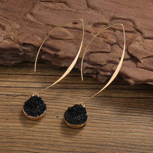 Vintage Curved Dangle Earrings with Black Druzy Stone