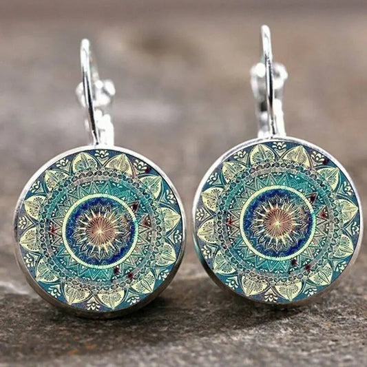 Vintage round mandala earrings with turquoise and gold detailing