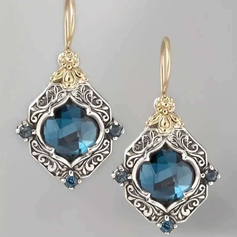 Antique Blue Topaz Earrings with Vintage Floral Design