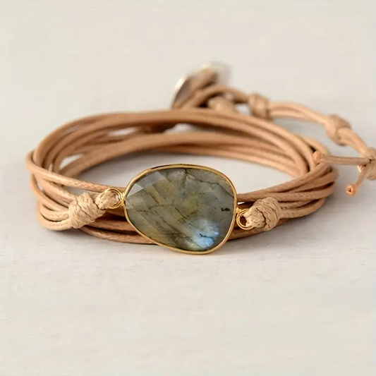 Bohemian criss-cross bracelet with faceted labradorite and faux leather strap