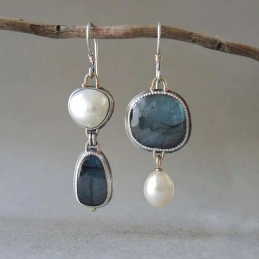 Vintage earrings made from natural stones, featuring labradorite and pearls
