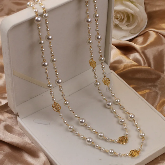 Elegant Double-Row Pearl Necklace with Delicate Rose Details