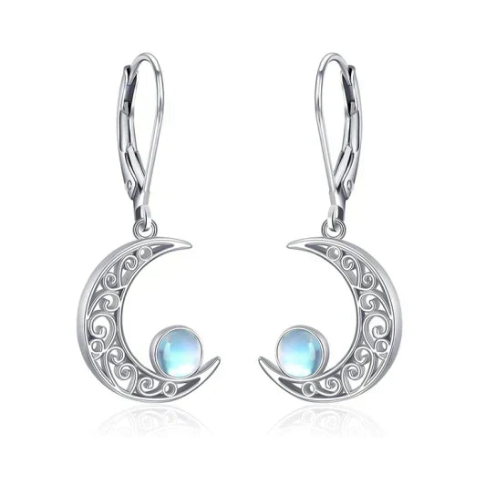 Filigree moon earrings with a sparkling rainbow moonstone and a lever clasp