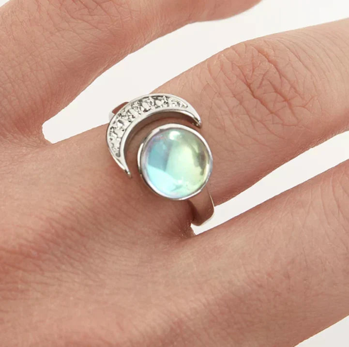 Stainless Steel Moon Ring with Moonstone