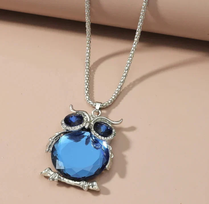 Sparkling Owl Necklace with Brilliant Blue Crystal Stones and Chain
