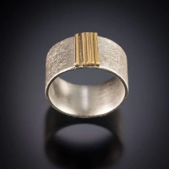 Vintage Stainless Steel Ring with Gold Details