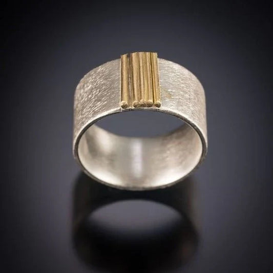 Vintage Stainless Steel Ring with Gold Details