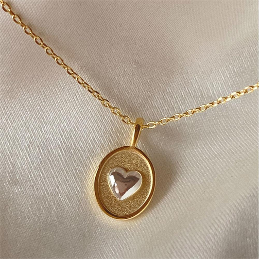 Vintage Two-Tone Heart Pendant Necklace with Oval Frame