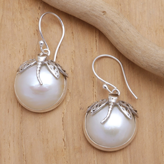 Elegant Freshwater Pearl Earrings with Dragonfly Details