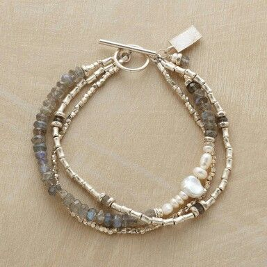 A sparkling labradorite and pearl bracelet in a vintage style with multiple strands
