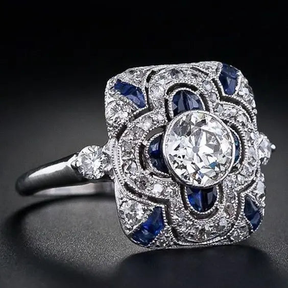 Silver Art Deco Ring with Blue Cubic Zirconia