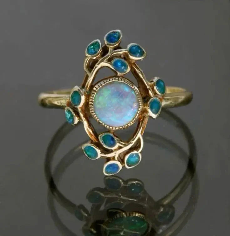 Vintage Floral Ring with Opal and Turquoise Stones
