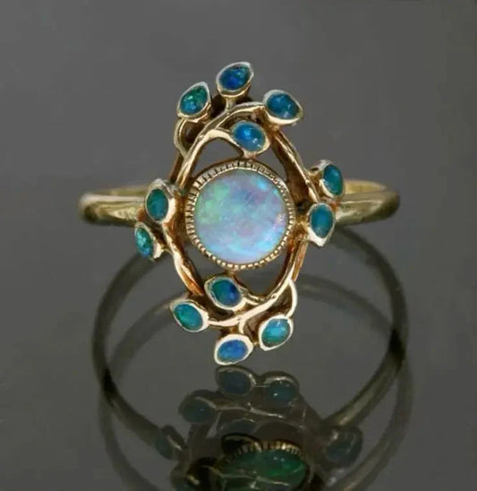 Vintage Floral Ring with Opal and Turquoise Stones