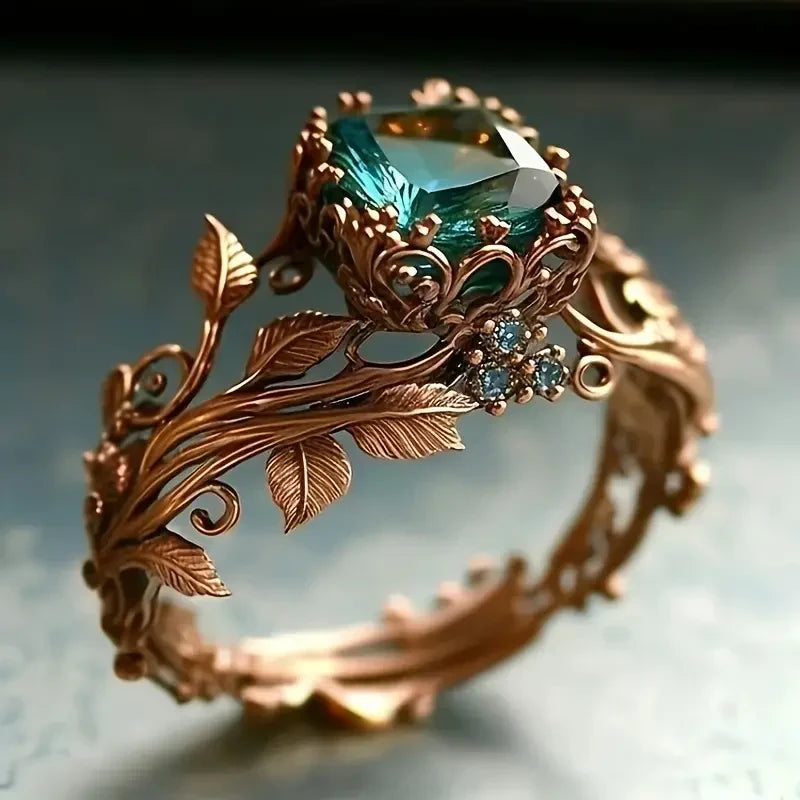 Green Crystal Floral Ring in Rose Gold