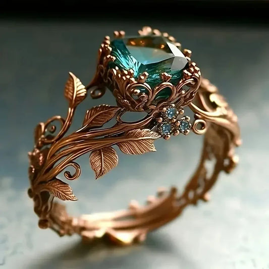 Green Crystal Floral Ring in Rose Gold