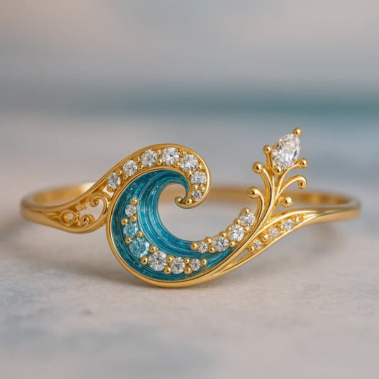 Sea Wave Ring with Blue Enamel and Crystals