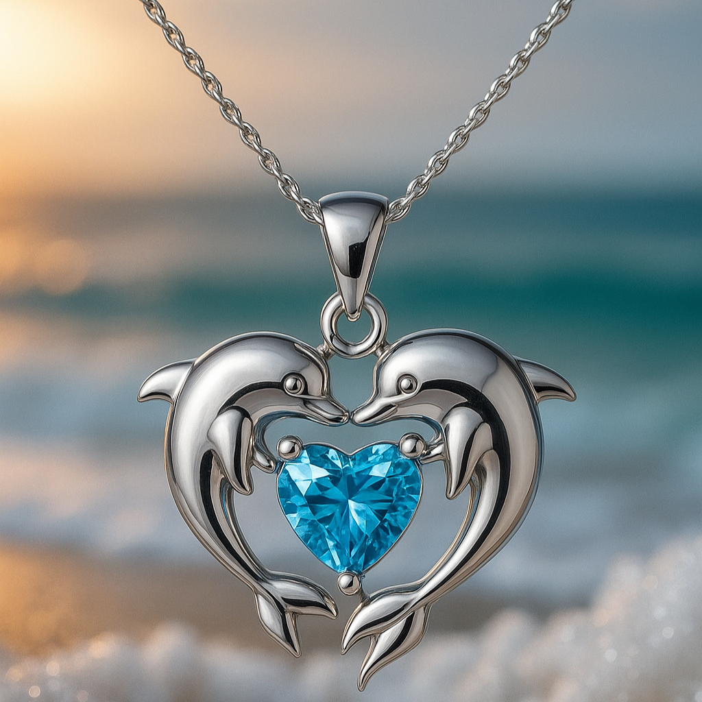 Dolphin Heart Necklace with Sparkling Blue Topaz Pendant