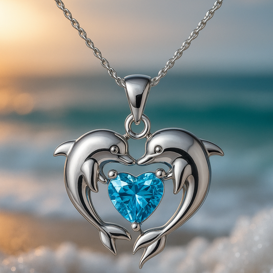 Dolphin Heart Necklace with Sparkling Blue Topaz Pendant