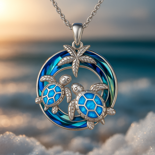 Opal Turtle Necklace with Palm Tree Motif in an Ocean Circle