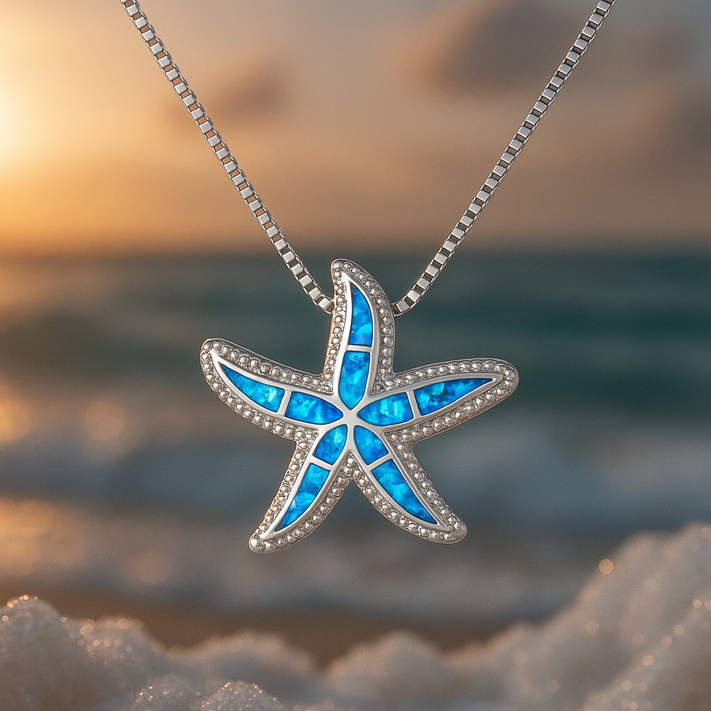 Sparkling Starfish Necklace with Opalescent Blue Details