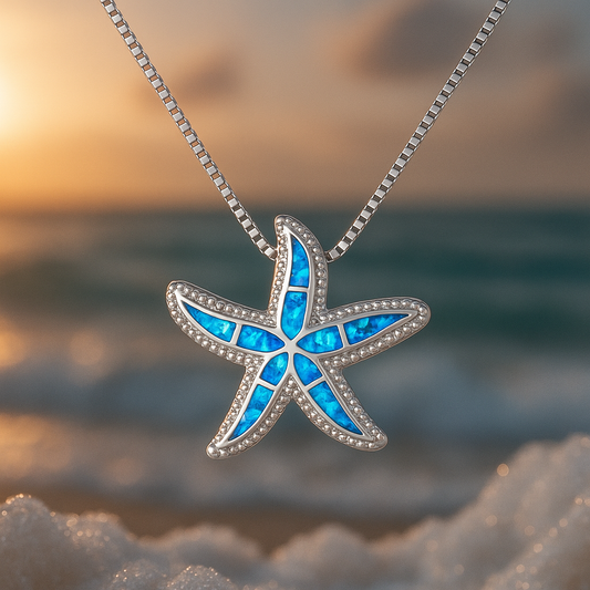 Sparkling Starfish Necklace with Opalescent Blue Details