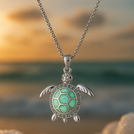 Wonderful Opal Turtle Necklace with Sparkling Blue Details