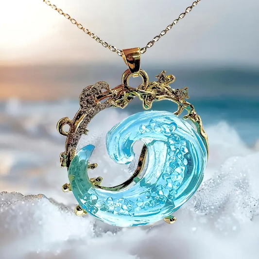 Ocean Blue Wave Necklace with Delicate Tendril Design
