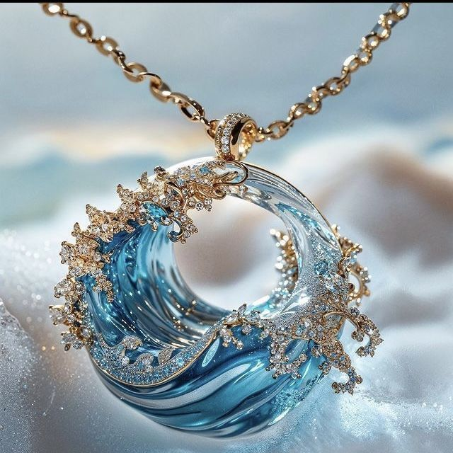 Unique Ocean Wave Necklace with Sparkling Aquamarine Crystals