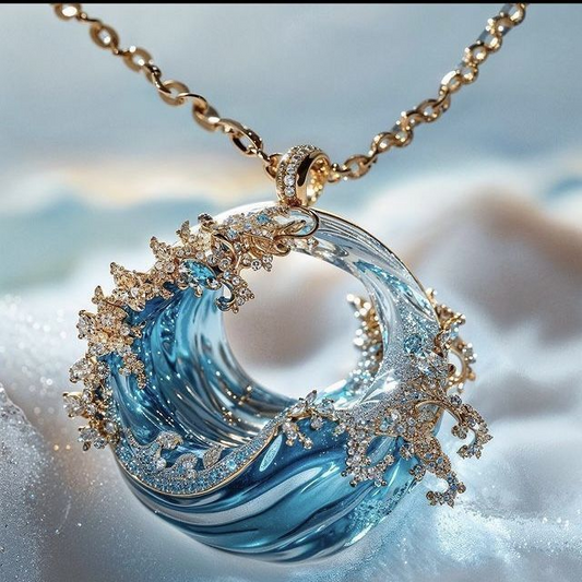 Unique Ocean Wave Necklace with Sparkling Aquamarine Crystals