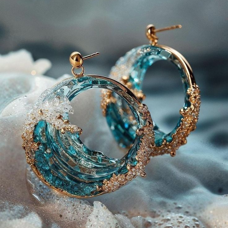 Brilliant Ocean Wave Earrings Made of Glass and Crystals