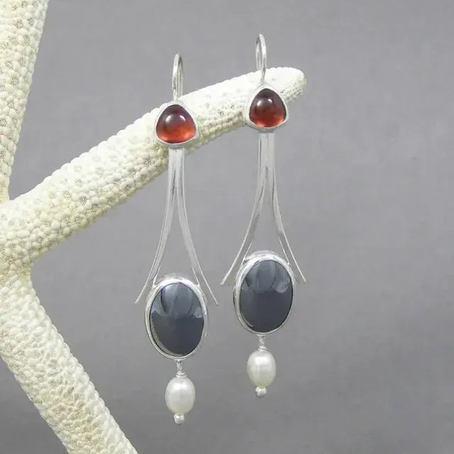 Elegant earrings featuring carnelian, haematite and freshwater pearls
